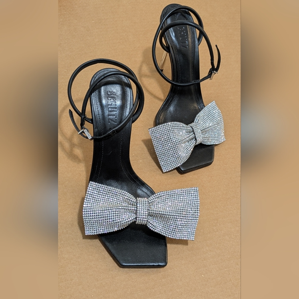 Schutz Black and Silver Heels with Glitter Bow Leather Sandals, Size 9B - Picture 10 of 12